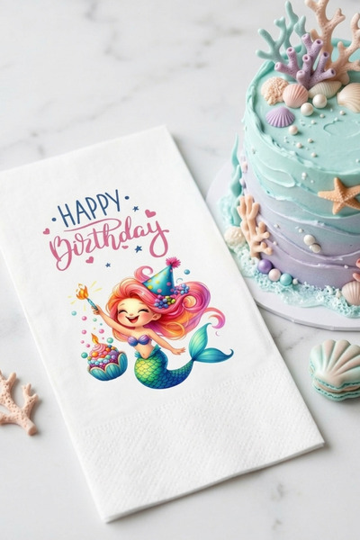 SUFFRA Mermaid Desenli 16'lı Çift Katlı Lüks Kağıt Peçete | Doğum Günü Peçetesi