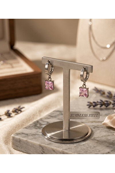stainless steell kare pembe zirkon sallantılı çelik halka küpe