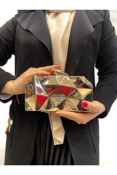Busrabags Metal Gold Pyramid Women's Evening Bag