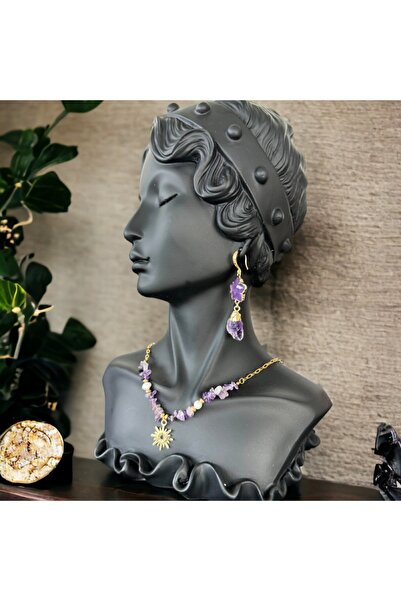 Ezera Κολιέ Boho με κρυστάλλους αμέθυστου και μαργαριτάρια από ανοξείδωτο ατσ...