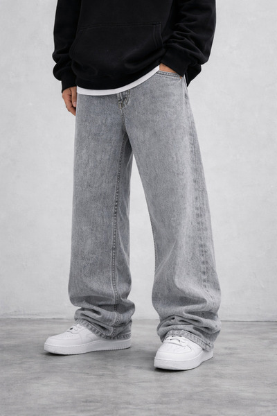 ZÉRIA Men's Gray Baggy Jean – Wide Fit Washed Denim Trousers