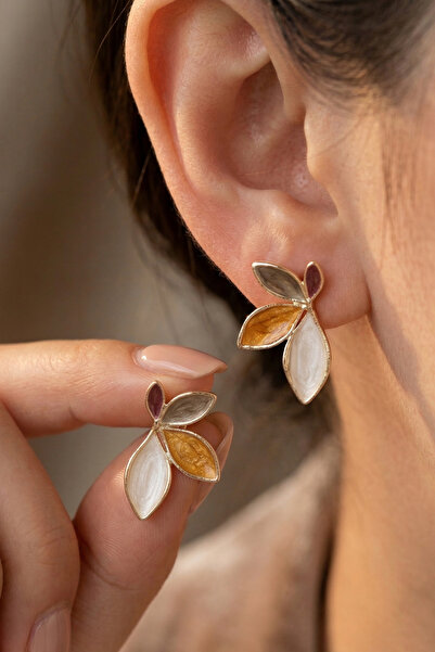 Elika Silver Sedefli Renkli Lotus Çiçeği Model Gold Küpe