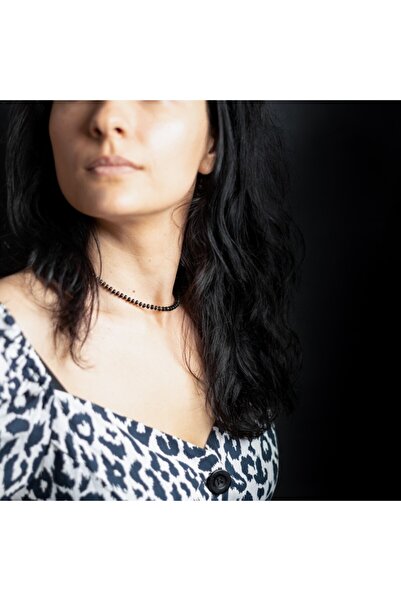 Ezera Κολιέ από ημιπολύτιμη πέτρα μαύρου αχάτη, τσόκερ Kamia με χάλκινο κούμπ...