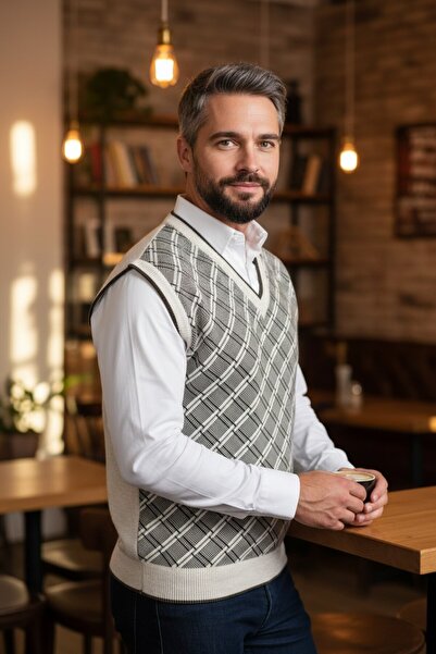 Kamalı Ανδρικά πλεκτά πουλόβερ με καρό σχέδιο με λαιμόκοψη σε σχήμα V - Κανον...