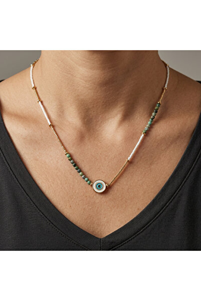 Ezera Κολιέ Enlai με χάντρες Miyuki και αφρικανικό τυρκουάζ και μάτι, επιχρυσ...