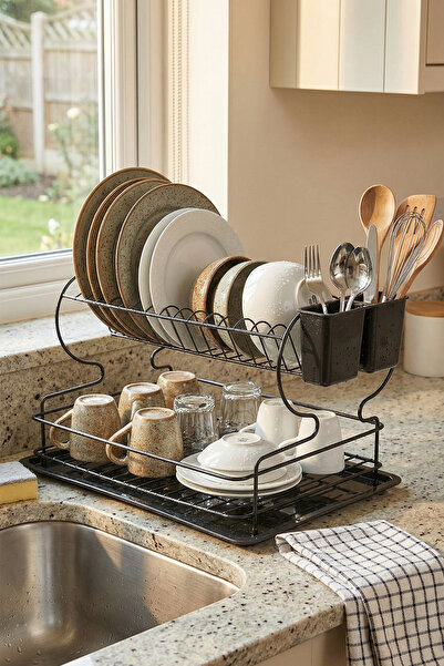 NTC METAL 2 Katlı Siyah Bulaşıklık, Termoplastik Kaplama, Tepsili, Tabak ve K...