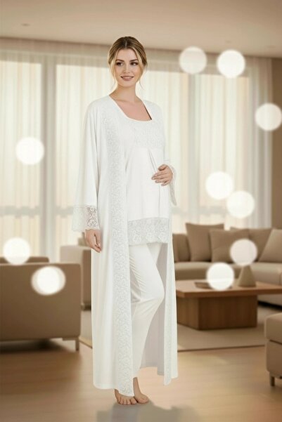 LOHOUSE Women's Ecru Special Design Lace Maternity Pajama Set with Maternity ...