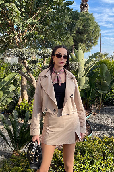 Quzu Μίνι σορτς φούστα με ζώνη και μπροστινό σκίσιμο, μπεζ