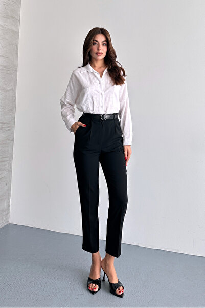 macharel jeans Γυναικείο παντελόνι με στενό πόδι με πλισέ υφασμάτινο μαύρο πα...