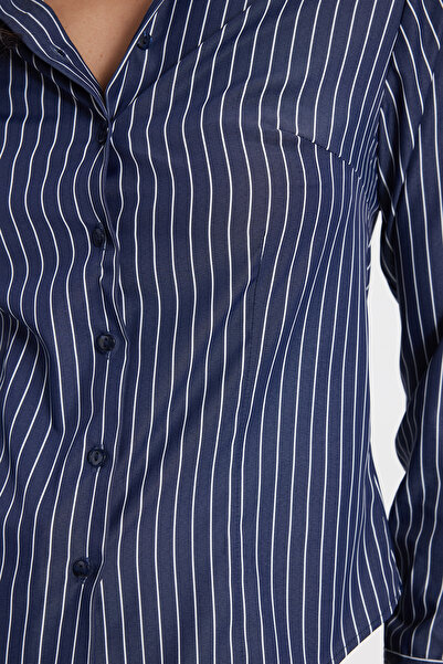 Tudors Kadın Slim Fit Dar Kesim Uzun Kollu Çizgili Lacivert Gömlek