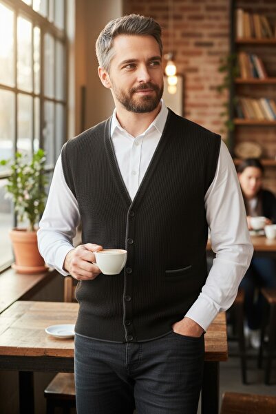 Kamalı Ανδρικό πλεκτό γιλέκο με λαιμόκοψη σε σχήμα V, με κουμπιά, τσέπες, σχέ...