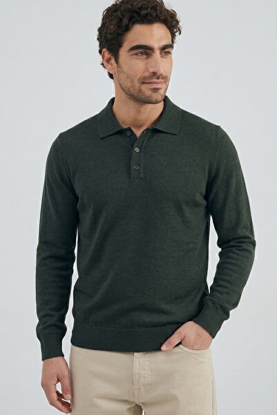 hateko Pulover tricotat cu guler polo kaki din bumbac pur 100%.