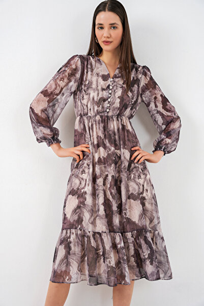 Bigdart 2137 Rochie din Sifon cu Motive - A. Bej