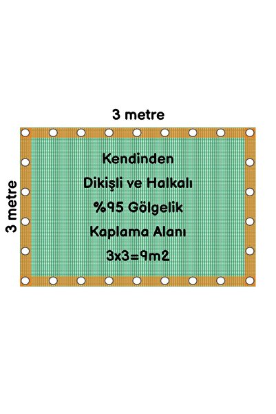 CNC Hazır Halkalı Gölgelik %95 3mx3m=9m2-Montajı İçin 10 metre 3mm halat hediye-Montajı Kolay