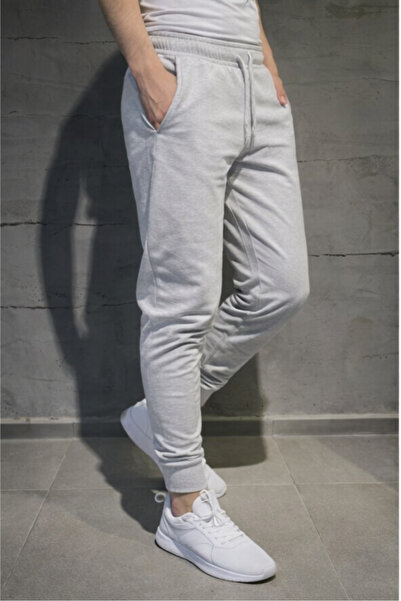 DEEPSENCE بنطال رياضي رمادي للرجال ذو ساق نحيفة من القطن الممشط بقصة ضيقة