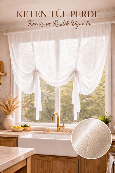 perde plus Κουρτίνα με διακοσμητικό δέσιμο, ρετρό λινό τούλι, κουρτίνα για κο...