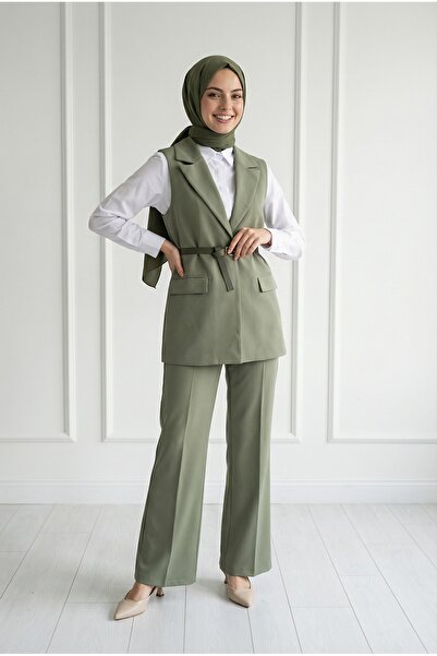 BENAHOLL Σετ Παντελόνι και Γιλέκο με Ένα Κουμπί Yazgı-HK0053 Χακί