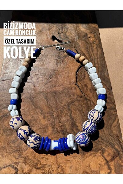 bizizmoda Cam Boncuk Afrikan Bohem Tarz Cam Boncuk Göz Kolye Ahşap Tasarım Cam Boncuk Mavi Kolye
