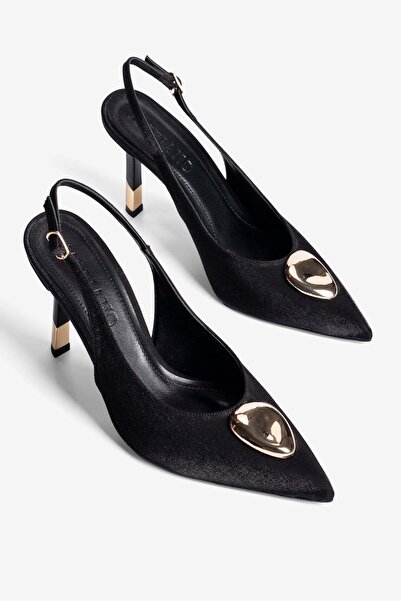 Mubiano Γυναικεία σατέν στιλέτο παπούτσια με μυτερή μύτη και χρυσή λεπτομέρει...