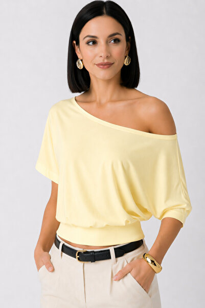 trendalisse Γυναικεία κίτρινη υφασμένη μπλούζα με υφή Modal που πέφτει πάνω α...