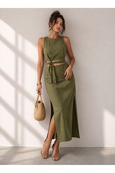 MG GİYİM STORE Kadın Bağlama Detaylı Keten Kumaş Crop Etek Takım
