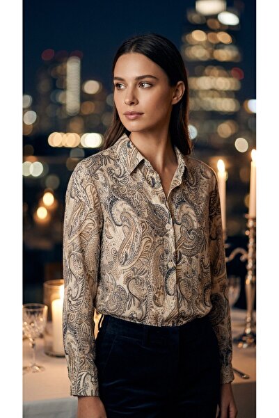 vellum butik ŞAL DESENLİ TAŞ DETAYLI VİSKON GÖMLEK