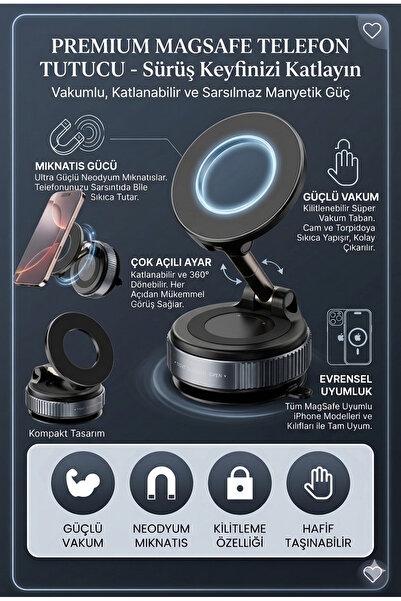 LOVYCO Pro 360° Dönebilen Vakumlu Mıknatıslı Araç ve Masaüstü Telefon Tutucu ...