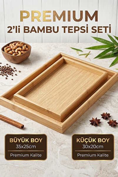 Nuha Home Dekoratif Bambu Dikdörtgen 2'li Tepsi Seti \ Büyük: 40x30 CM, Küçük...