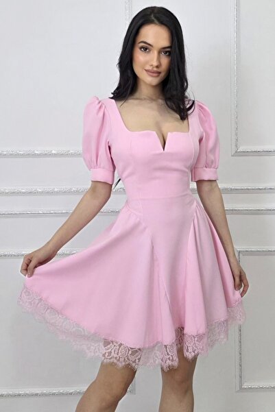 FashionForYou Αμαντίν κοντό φόρεμα babydoll, εξώπλατο με κορδόνι, Ροζ