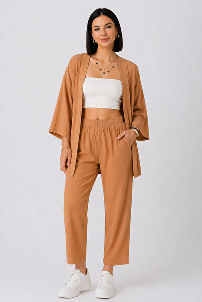 trendalisse Γυναικείο Σετ Κιμονό σε χρώμα κανέλας Με τσέπες τεμαχίων (κάτω κα...