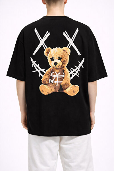 vulgariromania Tricou Oversize Negru Bărbați – Bear Teddy Print Streetwear - S