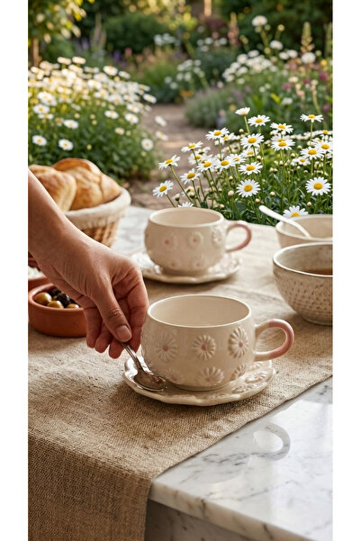 İlbay Çini Takı Embossed Daisy Mug with Bear Plate, 2 Mugs 2 Plates