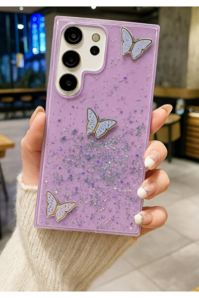 Rivor Samsung Galaxy S26 Ultra Kılıf Kamera Çıkıntılı Simli Kelebek Kabartmal...
