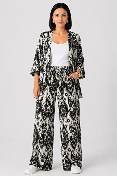 trendalisse Σετ γυναικείο κιμονό με φαρδύ πόδι με μαύρο σάλι