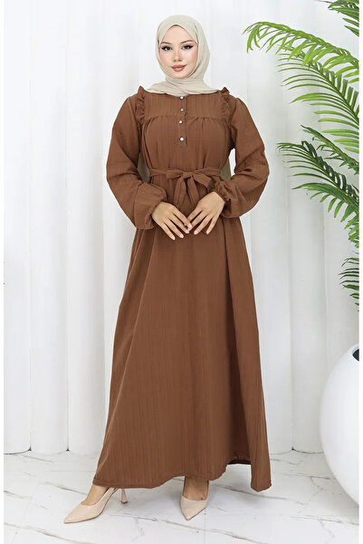 sefamerve Βολάν Φόρεμα Ζώνης 2064-04 Καφέ