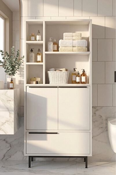 Yurudesign Ocean Banyo Dolabı Çok Amaçlı Dolap 3 Kapaklı Metal Ayaklı Beyaz O...