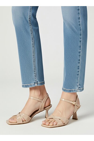 Long Star Γυναικεία Μπεζ Σανδάλια με Τακούνι - Με Εφέ Καθρέφτη, Χοντρό Τακούν...