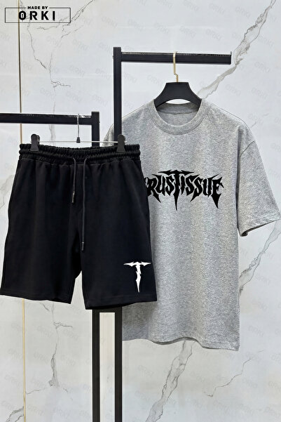 EFFRENATU Set de tricou gri și pantaloni scurți negri pentru bărbați, din țes...