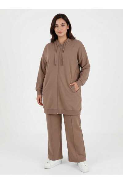 ALİA Φούτερ με φερμουάρ με κουκούλα Sports Plus Size - Mink -