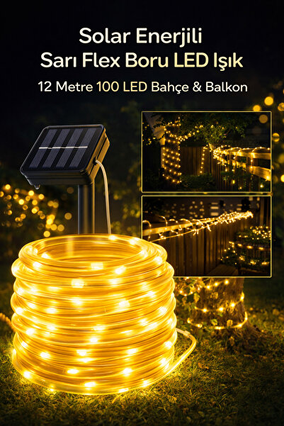 Yellowtech Solar Güneş Enerjili 100 Led 12 Metre Su Geçirmez Flex Boru Bahçe ...