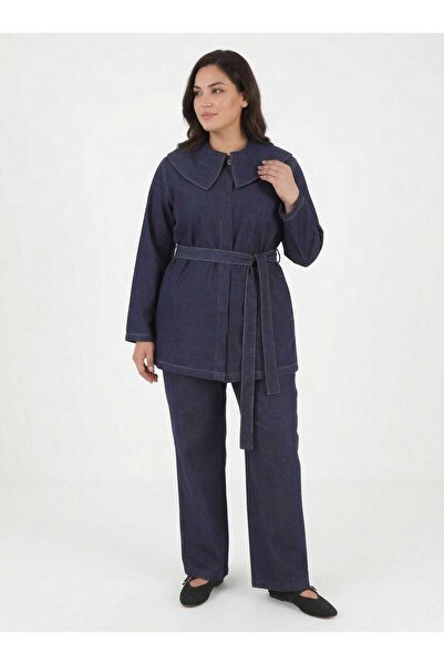 ALİA Denim Bebe Yaka Detaylı Büyük Beden Tunik - Koyu Lacivert -