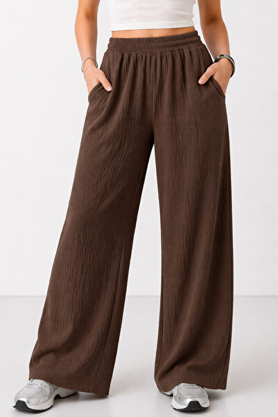 trendalisse Γυναικείο καφέ ελαστικό παντελόνι μέσης με φαρδύ πόδι εποχιακό