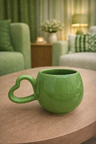 İZart Kalp Kulp Özel Düz YEŞİL El Yapımı Seramik Kupa