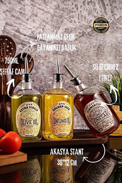 TheBRo 750ML Ahşap Stantlı Elite Serisi Zeytinyağı,Ayçiçek ve Sirke Şişesi