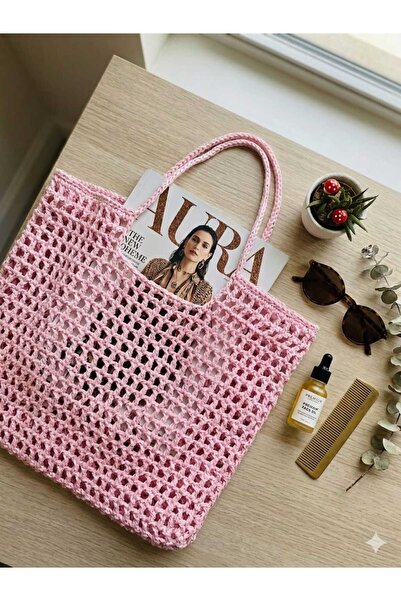 Eylül Deniz Handmade El Örgüsü Toz Pembe Simli ve Pullu File Çanta, Plaj Çantası