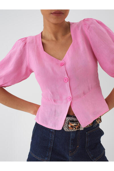 Xint Kadın Pembe %100 Keten Regular Fit Bluz