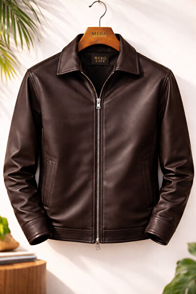 Mero Life Ανδρικό δερμάτινο μπουφάν και παλτό Old Money Seasonal Boxy Fit - Καφέ