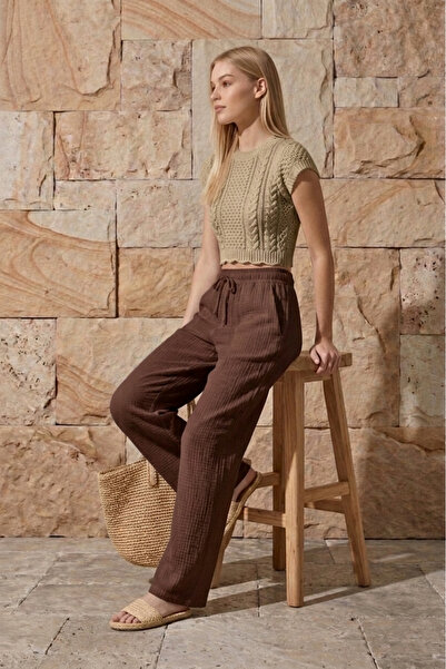 Shiron Sportswear&Company Καφέ παντελόνι μουσελίνας Palazzo από 100% βιολογικ...