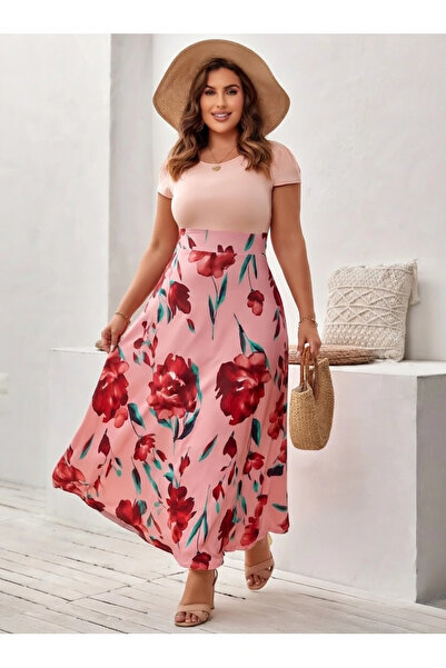 AZRA BUTİK Φόρεμα από βισκόζη σε σκόνη - Μεγάλο μοτίβο τριαντάφυλλου