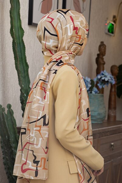 Vissona 100% Silk Striped Patterned Beige - Taba Color Shal